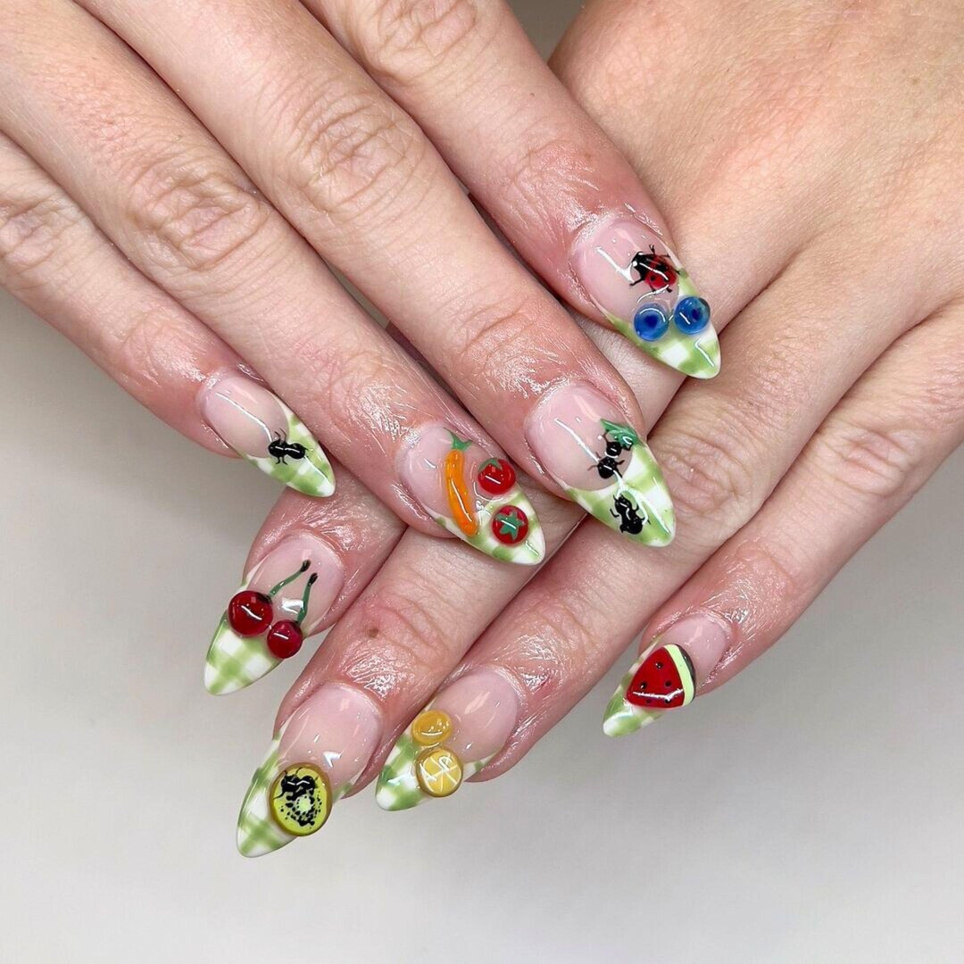 Dancing Insects Almond Press on Nail, Trending 3D Fruit Design