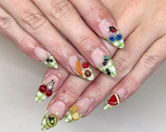 Dancing Insects Almond Press On Nail, Trending 3D Fruit Design Nail Art, French Tips Press Ons, Birthday Holiday Nails Art, Gift for her.