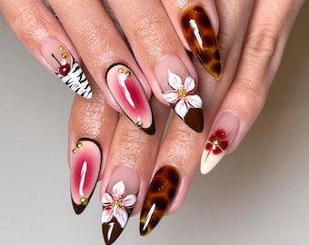 Hand-painted Brown Fake Acrylic Nails, 3D Press On Nail, Butterfly Nail, Blossom French Press On Nails For Autumn, Ombre Nail Art, Girl gift