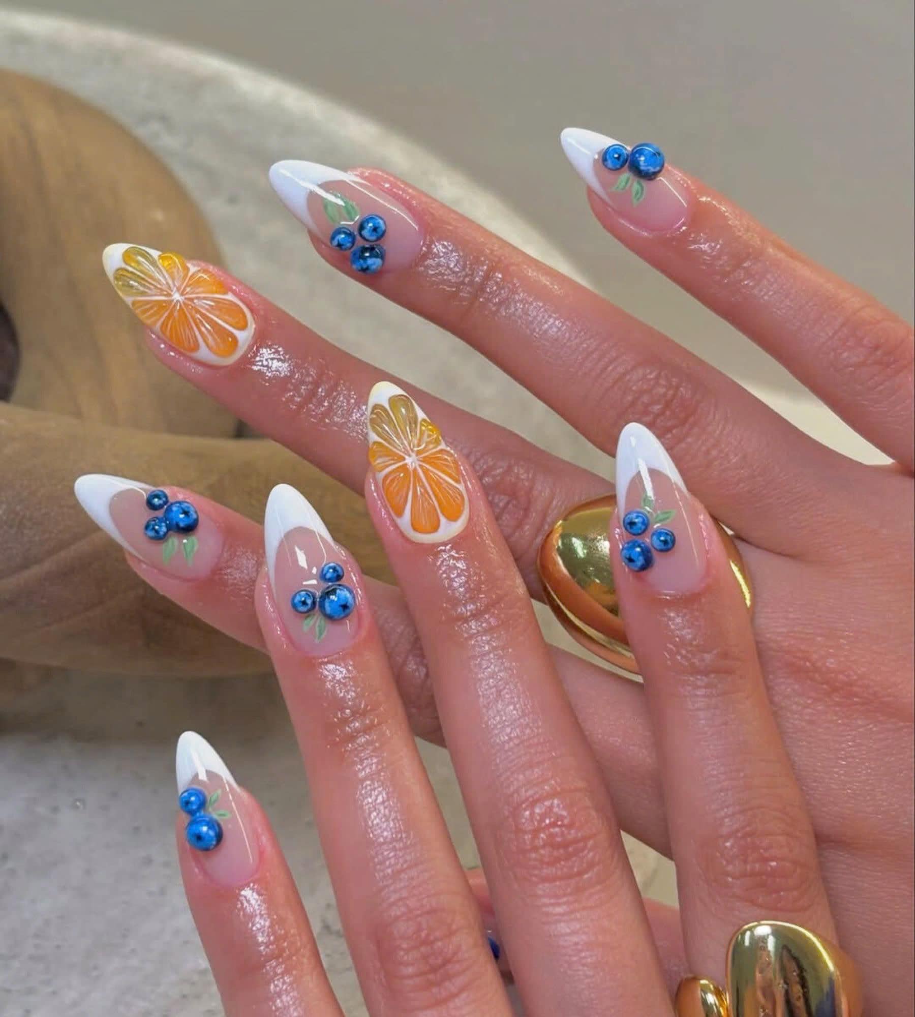 クリスタル シトラス フルーツ プレスオン ネイル、夏の 3D オレンジ