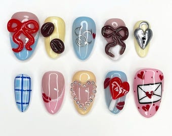 Sabrina Carpenter Inspired Press On Nails, Unique Almond Nail Set with Bow, Red Heart for Trendy Look, Colorful Fake Nails, Valentine Nails.