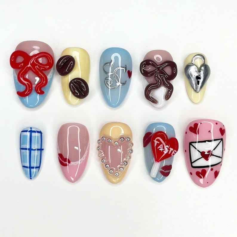 press on nails, strawberry naills, Long Stiletto Nail, handpainted Nail, Cute Nail, Gel Nail Art, Fake Nails, Valentine Nail, Cherry Nail, Jelly Nail, Pink Nail, Red and Pink Nail, Valentine nails, Sabrina Carpenter, Almond Nails