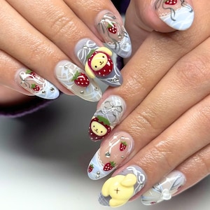 Baby Miffy Almond Press On Nails, spersonalizowane sztuczne paznokcie, paznokcie 3D, wyjątkowe paznokcie na urodziny, święta, urodziny, wydarzenie, zdjęcie, prezent na paznokcie