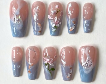 Silver Koi Fish Press On Nails, Long Coffin Nail Set with Lotus, French Tips, Japanese Koi Nails, Koi Fish Nails, Asian Trendy Nails.
