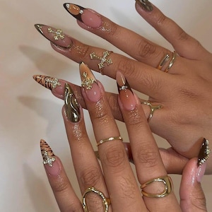 Brown Autumn Nails Free style Press On Nails, Long Nails with French Tips, Cross Charm, Gel Nail, Holiday Nail, Custom Nail, Fall Nail Set.