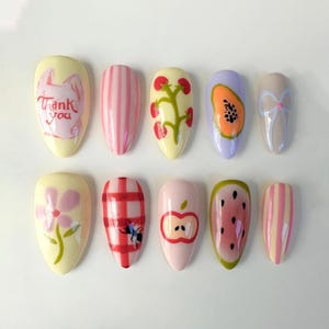 Fruit Garden Inspired Press On Nail, Handmade Acrylic Fake Nail Art with Papaya, Tomato & Apple, Summer Nail Set, Reusable Nail, Party Nails