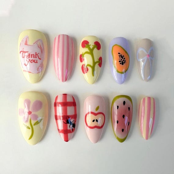 Fruit Garden Inspired Press on Nail, Handmade Acrylic Fake Nail