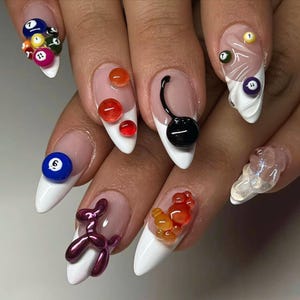 Crystal Billiards Press-On Nail, Cute Nails with 3D Ball - French Tips Nail, Trendy Billiards Nail, Gift for Billiards & Snooker Enthusiast.