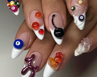 Crystal Billiards Press-On Nail, Cute Nails with 3D Ball - French Tips Nail, Trendy Billiards Nail, Gift for Billiards & Snooker Enthusiast.