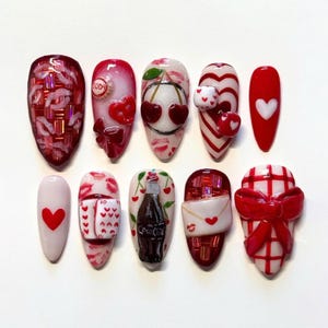 Valentine&#39;s Day Party Press On Nails, Unique Almond Nail Set with Cherries, Bow, Red Valentine Nails, Handmade Romantic Nails, Gift for her.