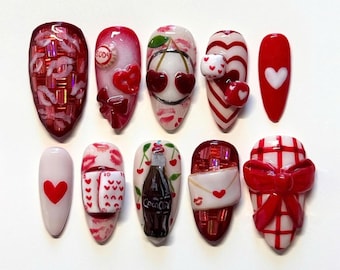 Valentijnsdagfeest pers op nagels, unieke amandelnagelset met kersen, strik, rode valentijnsnagels, handgemaakte romantische nagels, cadeau voor haar.