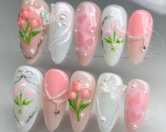 夢のような花の押し爪アーモンド | ジェリーパステルチューリップ