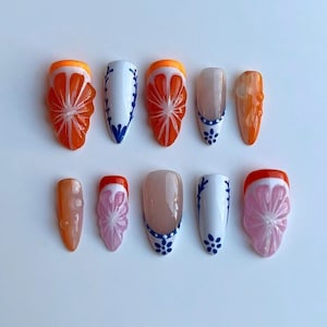 Fresh Citrus Press On Nails, Hand-painted Summer Nail Set with 3D Fruit, Blue Porcelain Print, Unique Colorful Nails for Birthday, Holiday