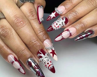 Unique Halloween Press On Nails, Long Stiletto Nail Set with Gothic Red & Silver Clown Design with Pearls, Spooky Nail Art, Halloween Nails.