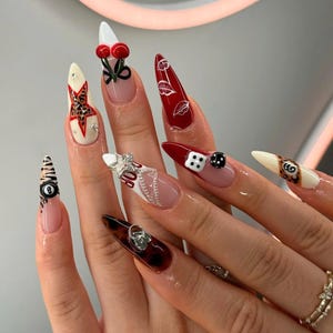 Unique Dice Nails Press On Nails, Crystal Leopard with Charm Fake Nails, Cherry Nail, Summer-Autumn Nails, Gel Nail, Holiday Nail, Red Nails
