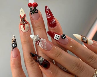 Unique Dice Nails Press On Nails, Crystal Leopard with Charm Fake Nails, Cherry Nail, Summer-Autumn Nails, Gel Nail, Holiday Nail, Red Nails