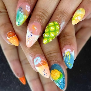 Orange, Mango Press On Nails, Fresh Fruit Fake Nails for Summer Lover, Flower Press On, Spring-Summer Nail Art, Holiday/Party Nails, Gifts.