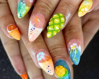 Orange, Mango Press On Nails, Fresh Fruit Fake Nails for Summer Lover, Flower Press On, Spring-Summer Nail Art, Holiday/Party Nails, Gifts.