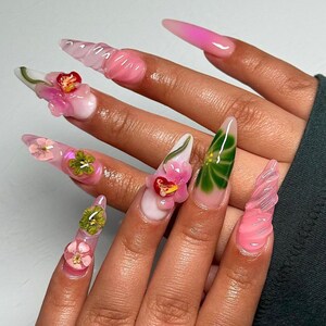 Fee Traum Blume Lange Nagelpresse auf den Nägeln, Trending 3D Blumen Design Nailart, Benutzerdefinierte Acryl Frühling FakeNail, verträumte Nägel zum Geburtstag.