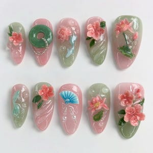 Tea Party Inspired Press On Nails, Unique Almond Nail Set with Koi Fish, Lotus Flowers, Abstract Nail Art, Fantasy Nails for Prom