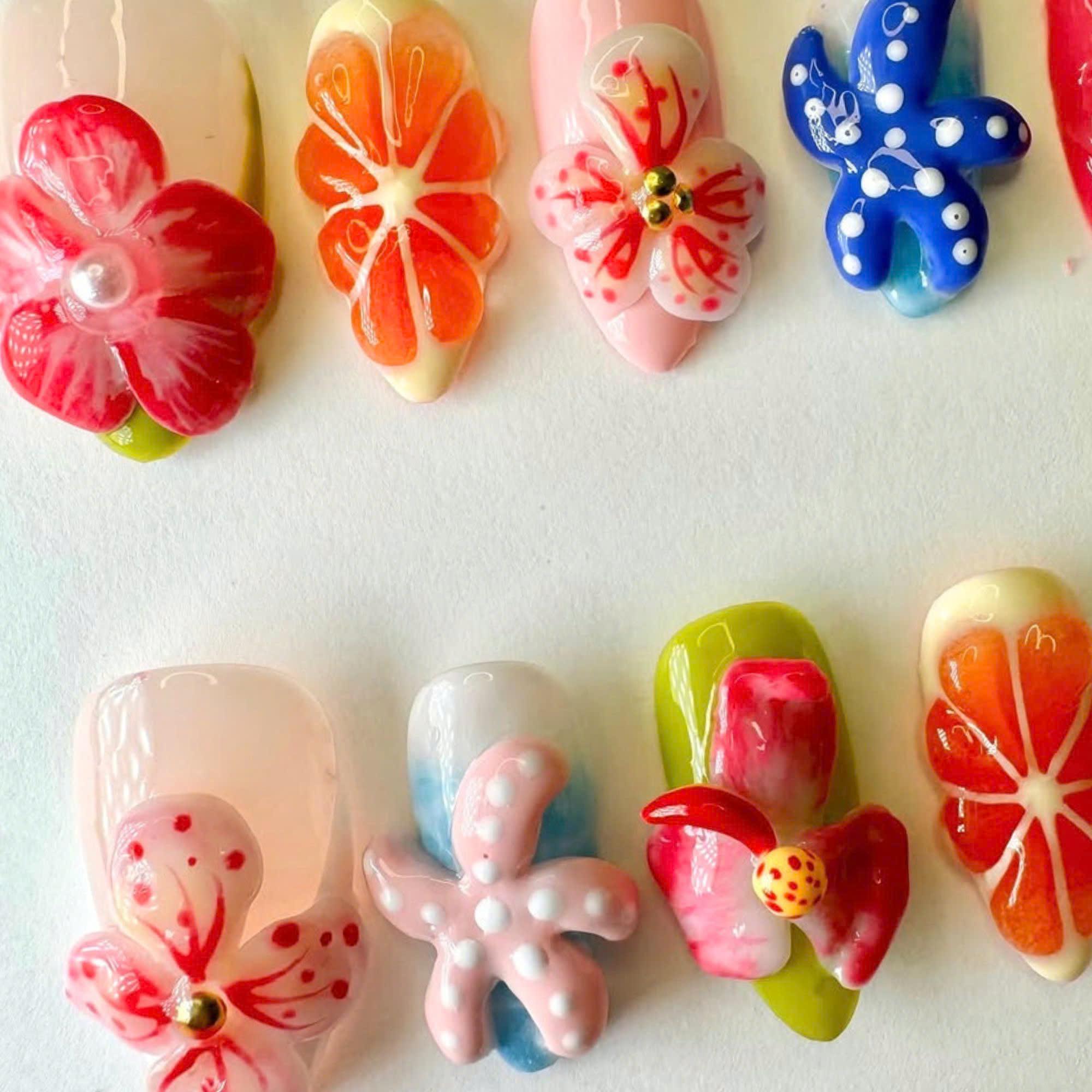 Vibrant Summer Press on Nails, Hand-painted Nail Set With Orchids