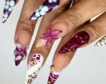 3D Orchard Flower Long Stiletto Press On Nail, Custom Hand-painted Acrylic Spring Fake/False Nail, Red Violet Floral Nail, Summer Nail, Gift
