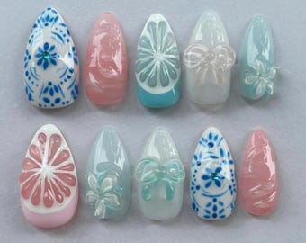 Citrus, Blue Porcelain Press On Nails, Summer Nail Set with Flower, Bow, Blue Nails, Unique Design Nail, Custom Fake Nails, Holiday Nails.