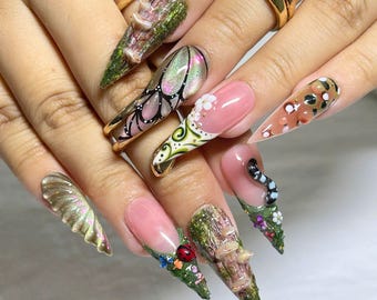 Forest Mushroom Press On Nails, 3D Nature Nails, Woodland Fairy Nails, Custom Cottagecore Nail Set, Long Sculpted Nails for Women, Fall Nail