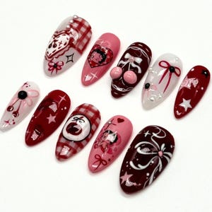Nails, DIY Nails, Nails Art, fake nails, false nails, Acrylic Nails, Valentine nails, valentine press on nails, heart nails. pink nails, hello kitty nail set, nails, press on nails, Betty Boop, Red nails, Red press on nails