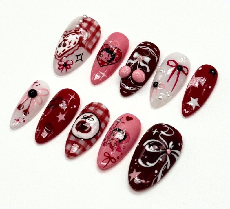 Nails, DIY Nails, Nails Art, fake nails, false nails, Acrylic Nails, Valentine nails, valentine press on nails, heart nails. pink nails, hello kitty nail set, nails, press on nails, Betty Boop, Red nails, Red press on nails