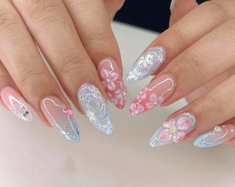 Pastel Pink Press On Nails, Custom 3D Flower Press On Nails, Handmade Press on Nails, Faux Acrylic Nails, Gel Nails, Press on Nails, Gifts