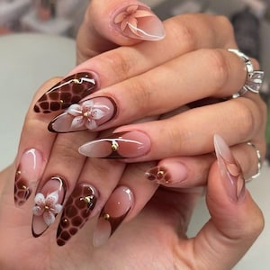 Handmade Fall Nail Art Set, Tortoise Shell Nails, Autumn Press On Nails with 3D Floral Accents, Gold Foil & Glossy Leaf-Inspired Details