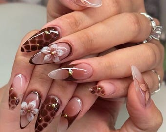 Handmade Fall Nail Art Set, Tortoise Shell Nails, Autumn Press On Nails with 3D Floral Accents, Gold Foil & Glossy Leaf-Inspired Details