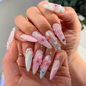 Pink 3D Flower Press On Nails, Long Stiletto Handmade Nails, Elegant Bridal Nails, Pastel Floral Nail Art, Custom Fake Nail, Spring Nail Set