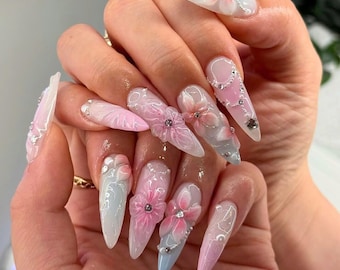 Pink 3D Flower Press On Nails, Long Stiletto Handmade Nails, Elegant Bridal Nails, Pastel Floral Nail Art, Custom Fake Nail, Spring Nail Set