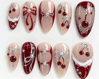 Unhas postiças Sweet Cherres, unhas postiças Almond com laços, pontas francesas, unhas de dia dos namorados, unhas postiças com laço 3D, unhas de coração, presente para ela
