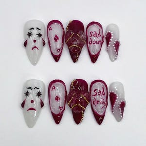 Sad Down Press On Nail, Stunning Clown Almond Nail Set, Red Nail, Crystal Nail, Halloween Nail, Unique Fake Nail Art for Holiday Party Nail