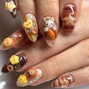 3D Kitty and Pumpkin Fake Nails, Hello Kitty-Themed Press-On Nail, Autumn Cartoon Acrylic Nail, Halloween Nail, Cozy Fall Aesthetic Nail Set
