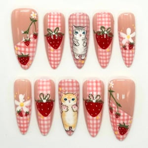 Cute Fat Cat Press On Nails, Handmade Funny Nail Set with Strawberry and Floral Nail Art, Trendy Cartton Nails, Fantasy Nails, Colorful Nail