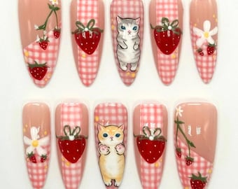 Cute Fat Cat Press On Nails, Handmade Funny Nail Set with Strawberry and Floral Nail Art, Trendy Cartton Nails, Fantasy Nails, Colorful Nail