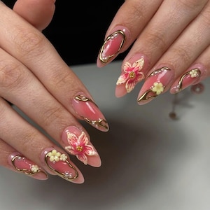 Handmade 3D Flower Press On Nails, Pink Floral Nails with Pearls, Custom Spring Nail Art Set, Long Almond Nails, Wedding Nails, Gift for her