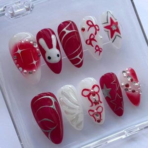 Custom Miffy Bunny Press On Nails, Handmade Bow, Star Nails, Dreamy Almond Nail Set, Red Nails, Cute Fake Nails, Trendy Nails, Gift for her.