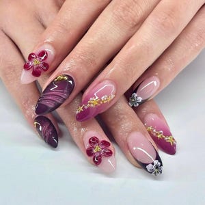 Dreamy Purple Press On Nails, Freestyle Almond Nail Set, Autumn Aura Press On, Custom Fake Acrylic Nails, Trendy Nail, 3D Flower Nails, Gift