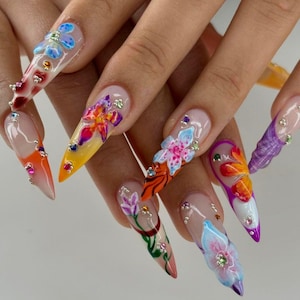 Orchid Garden Press On Nails, Unique Floral Stiletto Nail For Orchid Lover, Long Lasting Vibrant Nail, Spring Nail, Summer Nail, French Tips