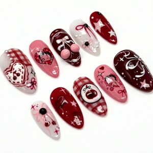 Nails, DIY Nails, Nails Art, fake nails, false nails, Acrylic Nails, Valentine nails, valentine press on nails, heart nails. pink nails, hello kitty nail set, nails, press on nails, Betty Boop, Red nails, Red press on nails