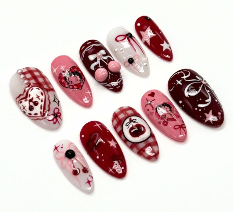 Nails, DIY Nails, Nails Art, fake nails, false nails, Acrylic Nails, Valentine nails, valentine press on nails, heart nails. pink nails, hello kitty nail set, nails, press on nails, Betty Boop, Red nails, Red press on nails