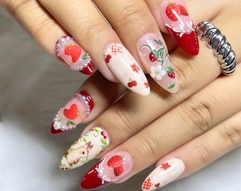 Hand Painted Bunny & Strawberry Press On Nails, Cute Valentine Nail Art, Red Pink Kawaii Nails, Gift for Her, Custom Cherry Fruit Nail Set