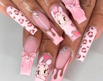 Hand-painted Cute Betty Boop Press On Nails, Romantic Nail Art with Leopard Print, Dreamy Pink Long Square Nails, 3D Dreamy Valentine Nails.