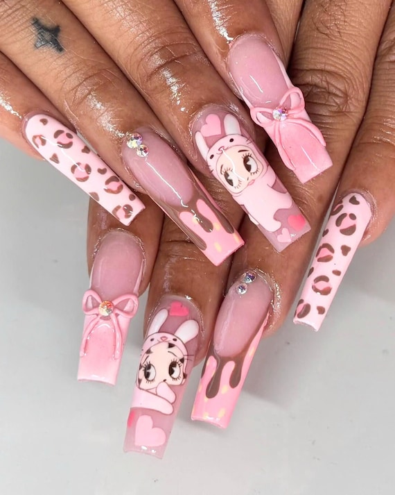 Hand-painted Cute Betty Boop Press On Nails, Romantic Nail Art with Leopard Print, Dreamy Pink Long Square Nails, 3D Dreamy Valentine Nails.