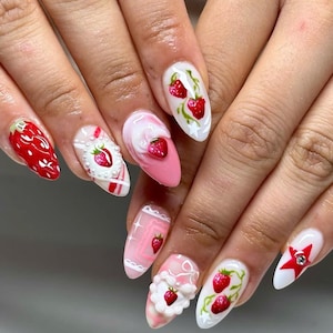 Strawberry Shortcake Press On Nails, Almond Nail Set with 3D Cute Cat, Fruit, Sweet Pink Red Nails, Kawaii Dessert Design, Birrthday Nails.